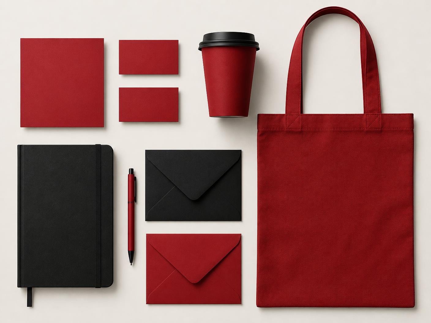 Brand kit mockup with cards, tote, notebook and cup in crimson and black